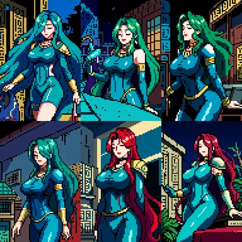 a series of four images of a woman in blue and green