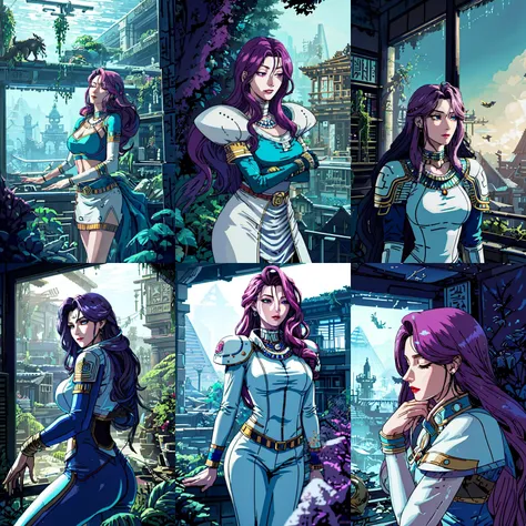 a series of pictures of a woman with purple hair and a blue top