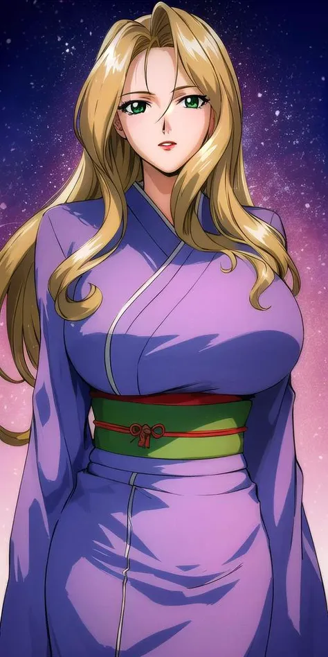 a woman in a purple kimono outfit with long blonde hair