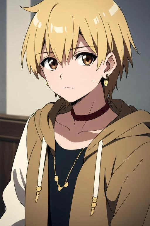 masterpiece, best quality, high quality, 1boy, solo, male focus, looking at viewer, upper body, <lora:alibaba_saluja:0.58>, alibaba_saluja, blonde hair, jewelry, brown eyes, , hoodie