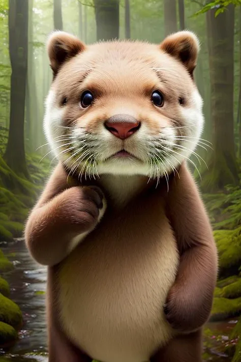 otter with a perfect face, in a mythical forest, masterpiece, intricate details, raw photo, photo unp <lora:party_animal_offical_lion:0.8> party animal, feral