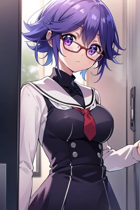 hanakazuki, <lyco:hanakazukiLYCORIStest:1>,
hana kazuki, short hair, hair between eyes, (purple eyes:1.1), purple hair,  glasses,
BREAK long sleeves, dress, school uniform, necktie, black dress, short dress, red necktie,
BREAK looking at viewer,
BREAK indo...