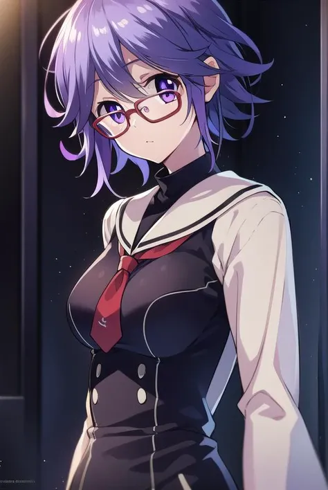 hanakazuki, <lyco:hanakazukiLYCORIStest:1>,
hana kazuki, short hair, hair between eyes, (purple eyes:1.1), purple hair,  glasses,
BREAK long sleeves, dress, school uniform, necktie, black dress, short dress, red necktie,
BREAK looking at viewer,
BREAK indo...