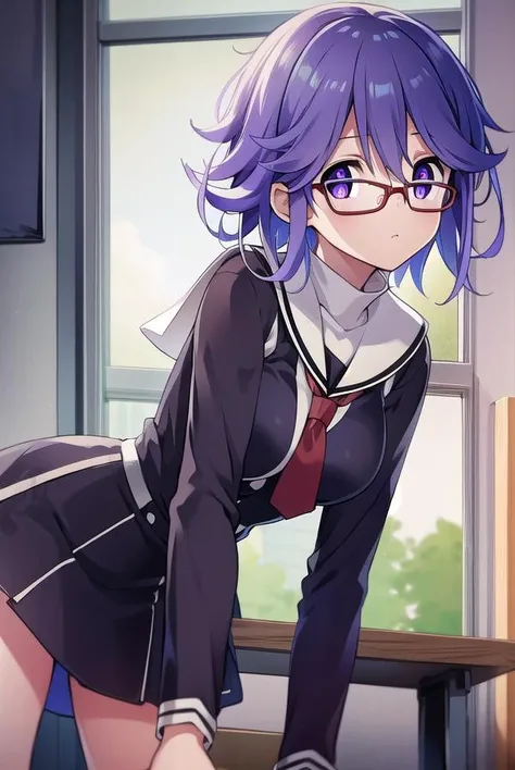 hanakazuki, <lyco:hanakazukiLYCORIStest:1>,
hana kazuki, short hair, hair between eyes, (purple eyes:1.1), purple hair,  glasses,
BREAK long sleeves, dress, school uniform, necktie, black dress, short dress, red necktie,
BREAK looking at viewer,
BREAK indo...