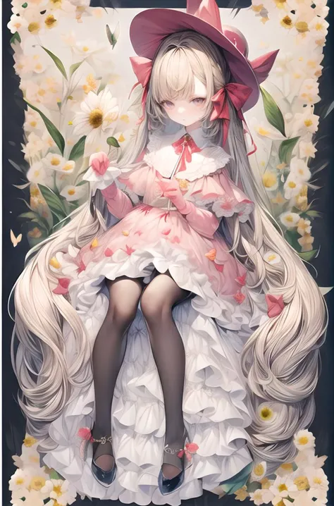 illustration,butterfly,flower,1girl,long hair,hat,yellow flower,necktie,holding,frills,dress,bangs,pantyhose,black footwear,black headwear,skirt,ribbon,daisy,full body,pink bow,border,<lora:v3_epoch_7:0.8>,<lora:add_detail:1>,