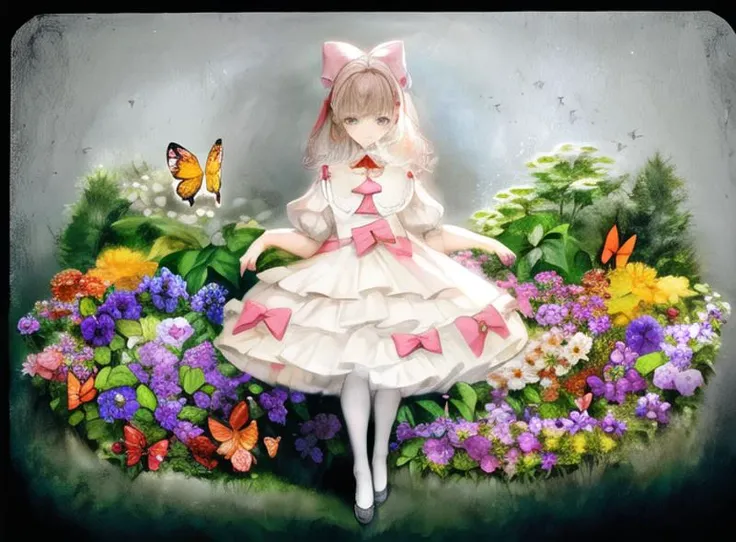 illustration,butterfly,flower,1girl,flowers meadows,frills,dress,colorful,pantyhose,full body,pink bow,(border),incredibly absurdres,available light,nature,simple background,grey background,<lora:å¹»æ³v2 (1):1>,