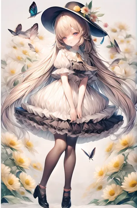 illustration,butterfly,flower,1girl,long hair,hat,yellow flower,necktie,holding,frills,dress,bangs,pantyhose,black footwear,black headwear,skirt,ribbon,daisy,full body,pink bow,border,<lora:v3_epoch_7:0.8>,<lora:add_detail:1>,