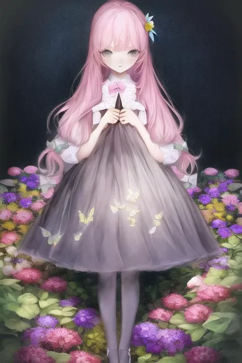 illustration,butterfly,flower,1girl,flowers meadows,frills,dress,colorful,pantyhose,full body,pink bow,(border),incredibly absurdres,available light,nature,simple background,grey background,<lora:å¹»æ³v2 (1):1>,