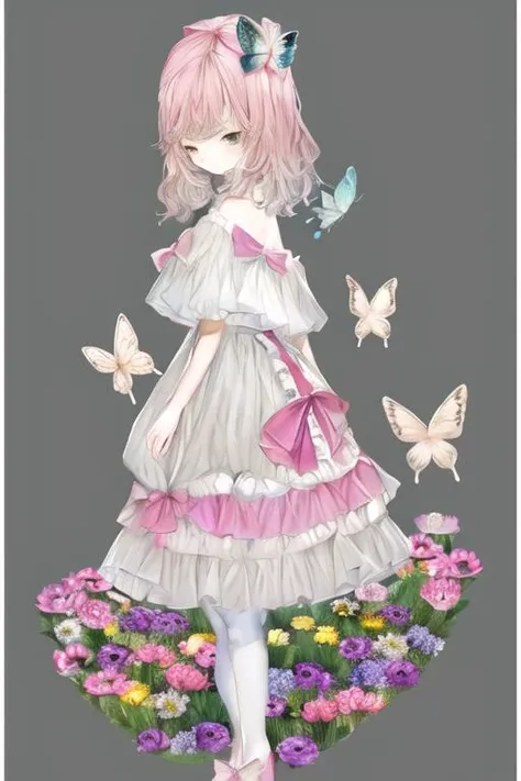 illustration,butterfly,flower,1girl,flowers meadows,frills,dress,colorful,pantyhose,full body,pink bow,(border),<lora:illustration_20240520235257-000003:1.3>,incredibly absurdres,available light,nature,simple background,grey background,