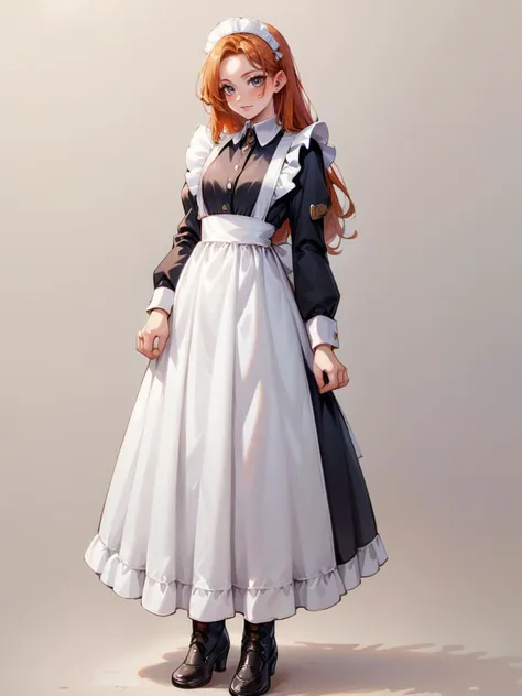 a woman in a maid outfit is standing in front of a white background