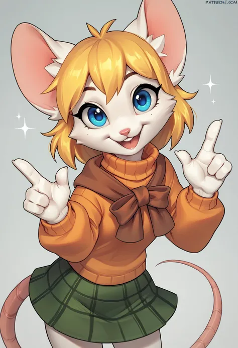 a cartoon mouse girl with a brown jacket and green skirt