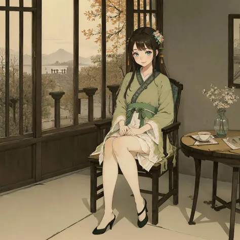 anime girl sitting in a chair in a room with a view