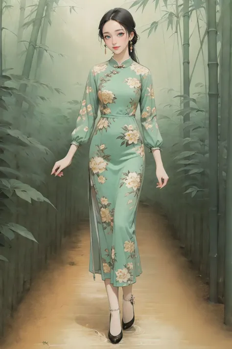 a woman in a green dress walking down a path in a bamboo forest