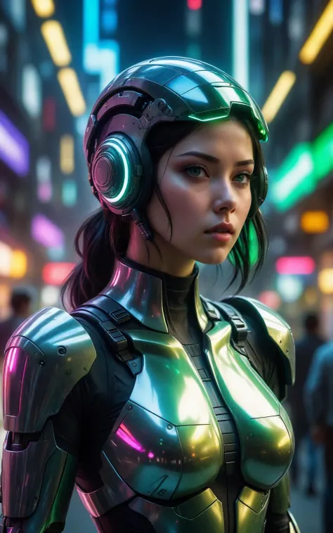 (ultra detailed, hyper-realism), a digital artwork featuring a girl adorned in an elegant black and silver cyborg armor with intricate mechanical parts and a futuristic helmet donning a massive holographic visor. Her eyes glow with a mesmerizing green hue,...