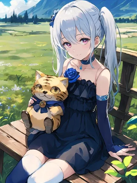 anime girl sitting on a bench with a cat in her lap