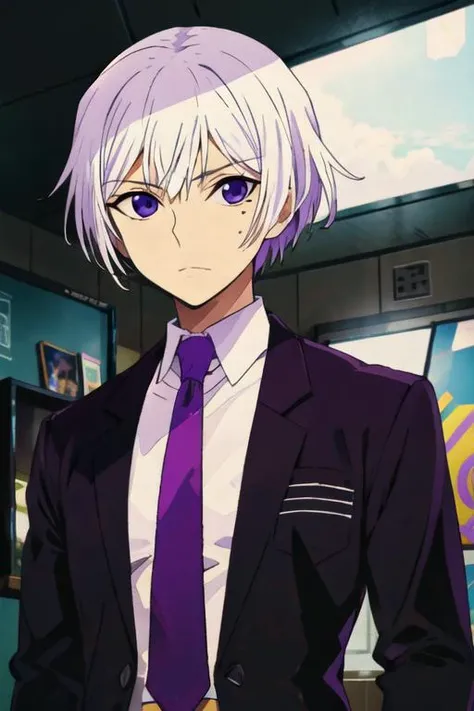 masterpiece, best quality, photorealistic, 1boy, solo, male focus, looking at viewer, upper body, depth of field, , , <lora:art_hamatora:0.74>, art_hamatora, white hair, purple eyes, toga costume, science fiction cyberpunk,