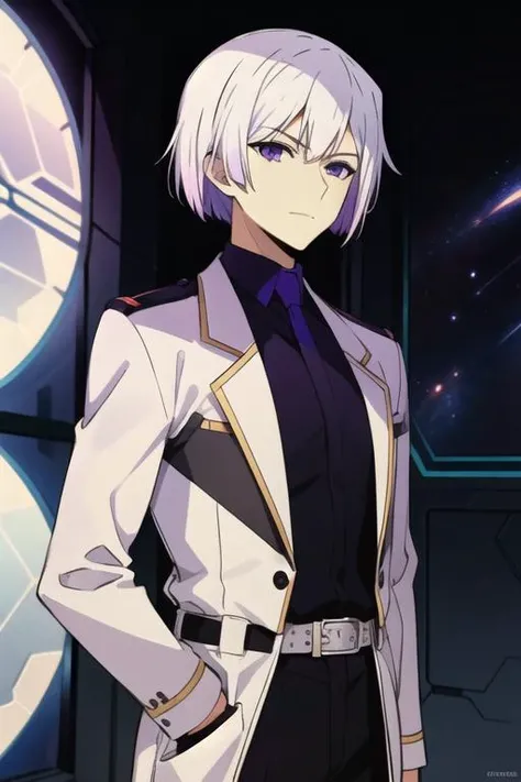 masterpiece, best quality, wallpaper, 1boy, solo, male focus, looking at viewer, , , , realistic, <lora:art_hamatora:0.72>, art_hamatora, white hair, purple eyes, galactic warrior costume, science fiction military science fiction, 4k resolution