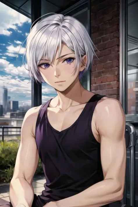 masterpiece, best quality, photorealistic, 1boy, solo, male focus, looking at viewer, , depth of field, , realistic, <lora:art_hamatora:0.72>, art_hamatora, white hair, purple eyes, tank top, , dieselpunk, 16k resolution