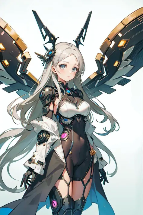 <lora:Reel_mechanical_parts_v_1_3:1> reelmech, mechanical parts, joints, mecha, large breasts,, absurdres, ultra detailed, masterpiece, best quality, aesthetic, detailed,, serious, 1girl, (white eyes:1.1), (grey eyes:1.3), white hair, very long hair, parte...