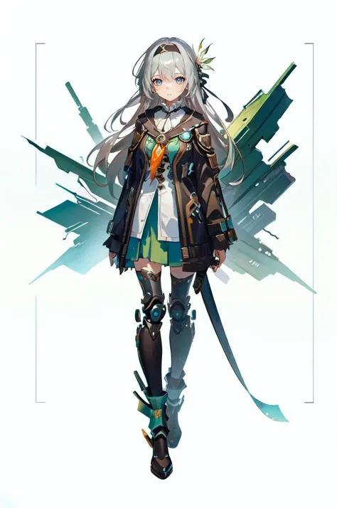 solo, <lora:Reel_mechanical_parts_v_1_3:1> reelmech, mechanical parts, joints, mecha,  <lora:firefly-v2-kozue:0.6> 1girl, blue eyes, grey hair, long hair, hair ornament, black hairband, long sleeves, green skirt, green thighhighs, complex background, skyli...