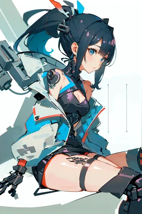 solo, <lora:Reel_mechanical_parts_v_1_3:1.3> reelmech, mechanical parts, joints, mecha,  <lora:Diva_Rikka-DEF:0.6> rikkadiva, ponytail, jacket, gloves, miniskirt, thigh strap, leg tattoo,  sitting,, absurdres, ultra detailed, masterpiece, best quality, aes...