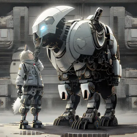 ultrafine highly detailed wallpaper, masterpiece, gigantic robot dog standing next to a very small human silhouette,  (robot dog:1.5)<lora:reelmech1v2_2:1.0>