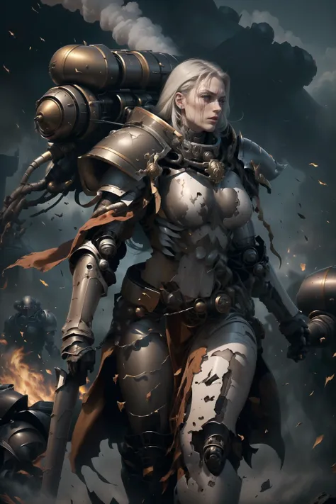 ((best quality)), ((masterpiece)), ((detailed, extremely detailed)), ((realistic)), battle word adepta sororitas preparing for an attack, extremely damaged armor, adepta sororitas, sisters of battle, warhammer, white hair, fit toned body, muscular, mechani...