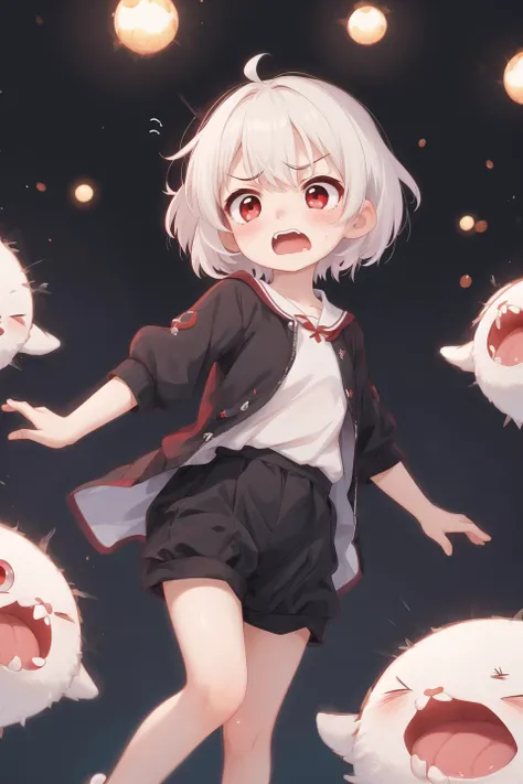 masterpiece,best quality,1girl,white short hair,red eyes,frown,shout,open mouth,