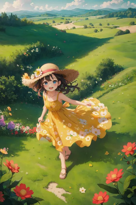 a painting of a girl in a yellow dress and straw hat walking through a field of flowers