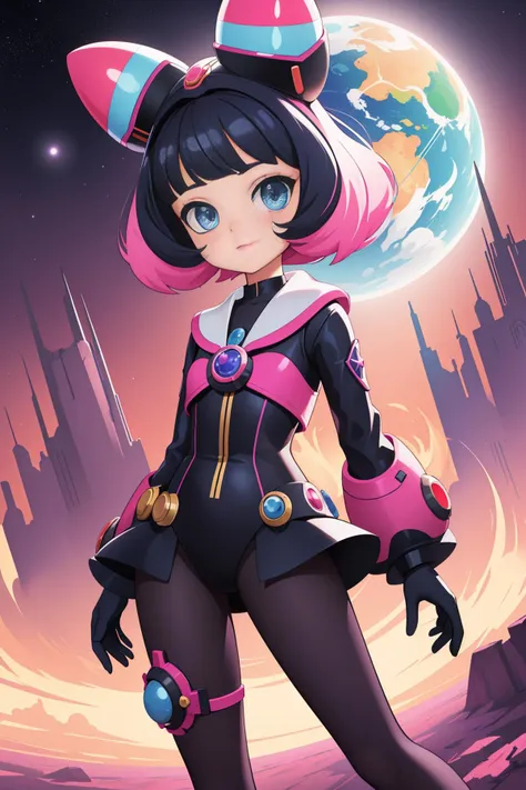 a woman in a black and pink outfit standing in front of a planet