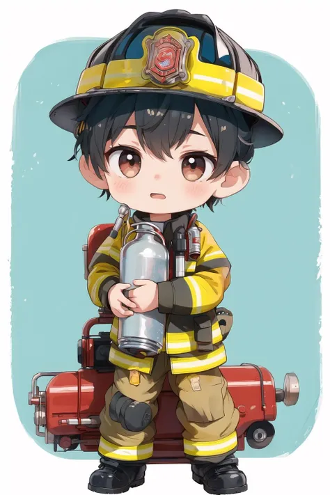 fireman with a water bottle and fire truck