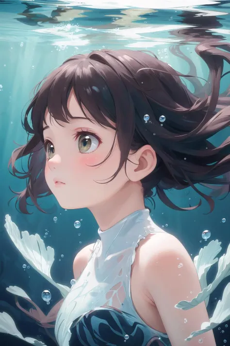 anime girl in a blue dress under the water