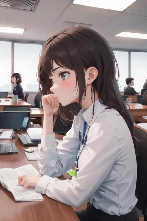 anime girl sitting at a desk with a laptop and a book