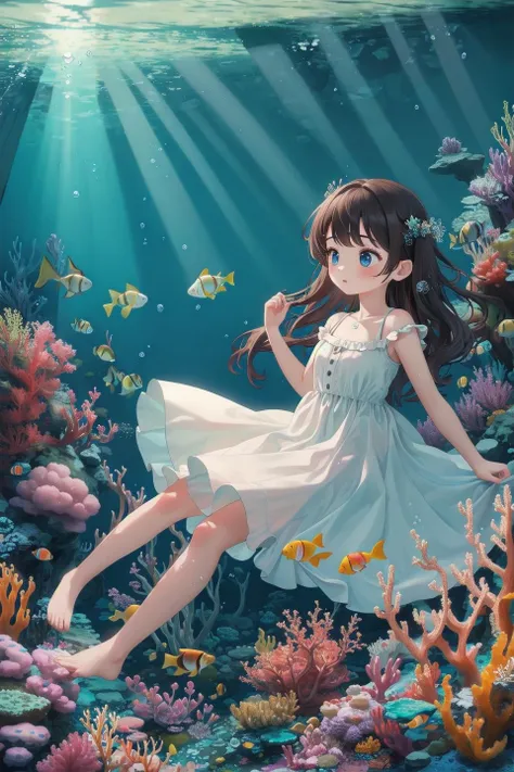 a girl in a white dress is sitting on a coral reef