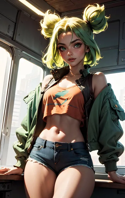 best quality, masterpiece, (1girl solo),Exquisite facial features,beautiful detailed eyes, 4k, Hdr,  <lora:zeriFromLeagueOf_zeriV1:0.76>, green hair, dark skin, micro shorts, cropped jacket, vest, thighs, thick thighs, twintails,