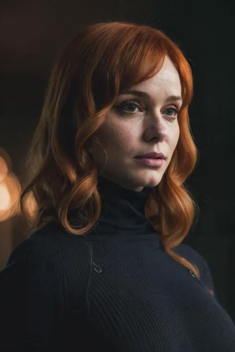 A stunning intricate full color portrait of christinaHendricks2, wearing a black turtleneck, epic character composition, by ilya kuvshinov, alessio albi, nina masic, sharp focus, natural lighting, subsurface scattering, f2, 35mm