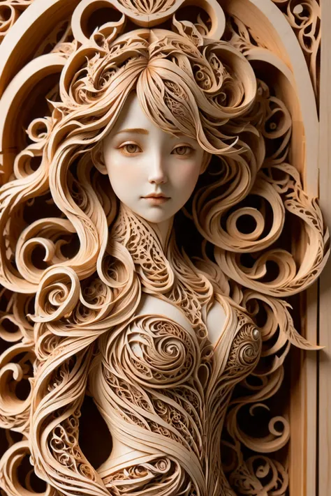 a close up of a sculpture of a woman with long hair