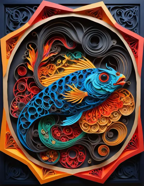 a colorful paper art of a fish in a circular frame