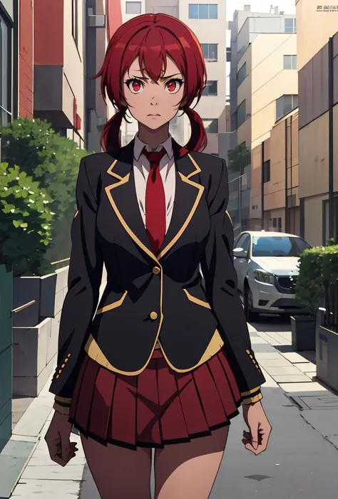 (masterpiece, best quality), 1girl,  <lora:AkaneSakurada:0.8> AkaneSakurada, 1girl, solo, long hair, pleated skirt, red eyes, low twintails, school uniform, red hair, necktie, kneehighs, red skirt, blazer,