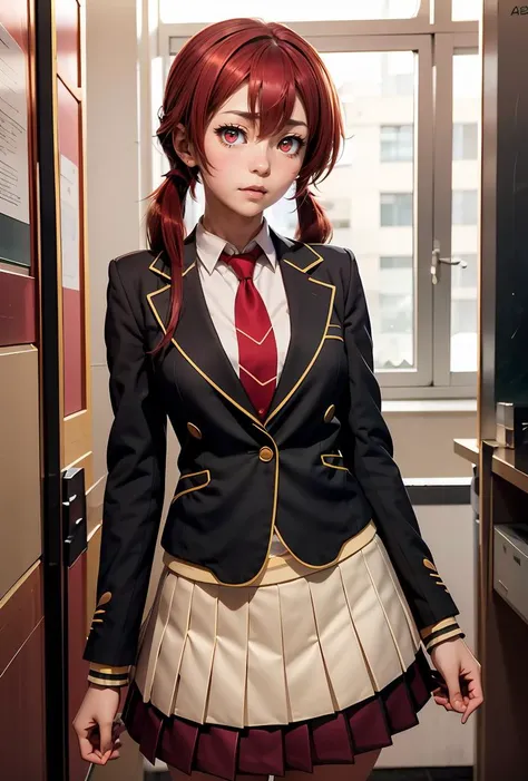 (masterpiece, best quality), 1girl,  <lora:AkaneSakurada:0.8> AkaneSakurada, 1girl, solo, long hair, pleated skirt, red eyes, low twintails, school uniform, red hair, necktie, kneehighs, red skirt, blazer,