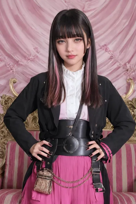 (extremely detailed CG), (best quality), 1girl, perfect face, shiny skin, lustrous skin, wide hips,narrow waist, berobageats, long hair, black hair, bangs, skirt, jacket, pantyhose, multicolored hair, shirt, blunt bangs, pink skirt, jewelry, white shirt, h...