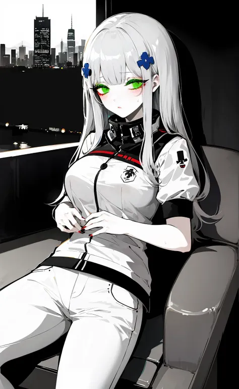 anime girl with green eyes sitting on a couch in front of a city