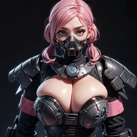 sci-fi style, darth malgus, (big eyes), (heavy makeup:1.2), pink hair, (pink cheeks:1.1),  twintails, blush, remarkably detailed eyes, power armor,  respirator mask, (muscular, tall:1.2) (cleavage:1.4), huge breasts,  <lora:darthmalgus:0.4>  <lora:hamichic...