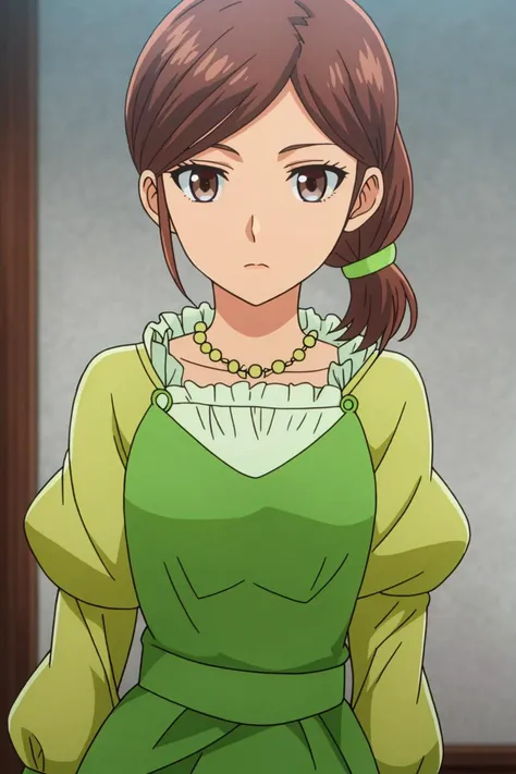 shia, anime_art_style, 1girl, solo, looking_at_viewer, closed_mouth, brown_hair, long_sleeves, dress, brown_eyes, jewelry, upper_body, side_ponytail, necklace, green_dress