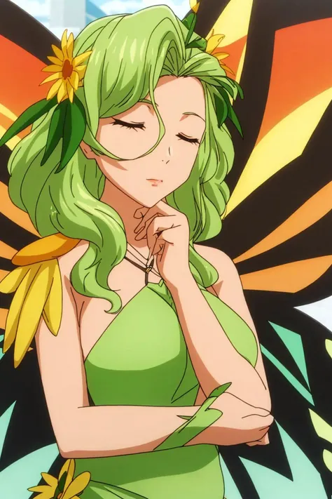 tiana, anime_art_style, 1girl, solo, long_hair, breasts, hair_ornament, dress, closed_mouth, closed_eyes, upper_body, flower, green_hair, wings, hair_flower, hand_on_own_chin, butterfly_wings