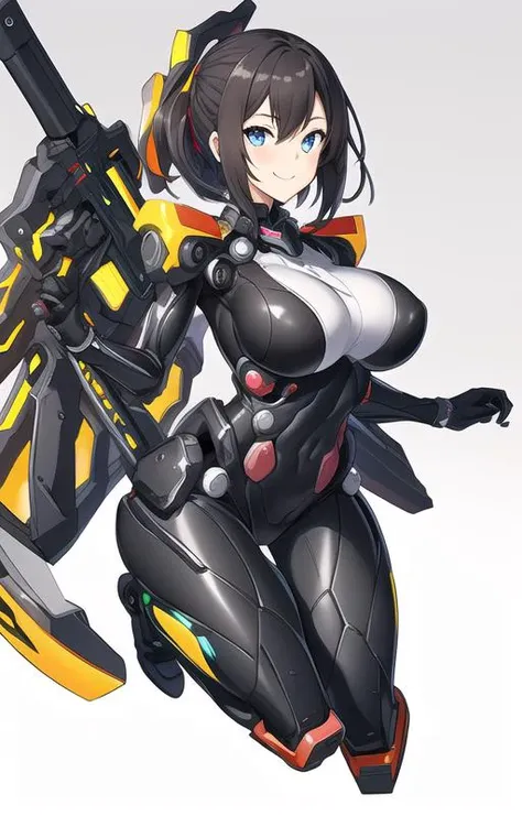 masterpiece, 1girl, (battleframe:1), latex, Metal, bright eyes, bright hair, happy smile, hold mech weapon, huge brests, behind floating mech, solo, thick body, elbow pad, hook, danger mark, <lora:battleframepromax-000002:0.6>