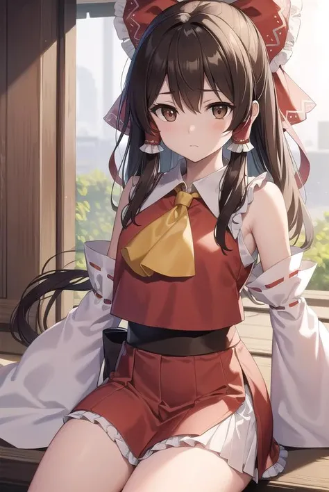 reimuhakurei, <lyco:reimuhakurei-lyco-nochekaiser:1>,
reimu hakurei, (brown eyes:1.5), brown hair, bow, hair bow, hair tubes, long hair, red bow, sidelocks,
BREAK ascot, bare shoulders, black footwear, detached sleeves, embellished costume, frills, japanes...