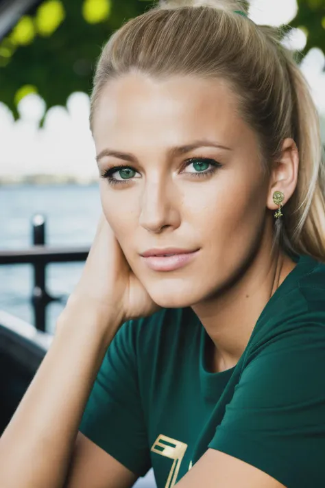 RAW, real photo portrait, blk, on a boat, (wearing a green t-shirt), pretty face, insanely detailed eyes, light blonde hair, high ponytail, bokeh, natural light, depth of field, golden hour, sharp focus,<lyco:BlakeLively-RealVision-V1.0:1.0>,