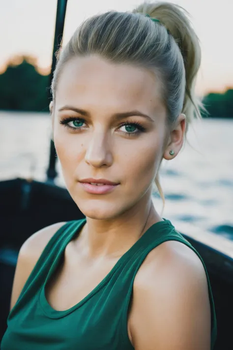 RAW, real photo portrait, blk, on a boat, (wearing a green t-shirt), pretty face, insanely detailed eyes, light blonde hair, high ponytail, bokeh, natural light, depth of field, golden hour, sharp focus,<lyco:BlakeLively-RealVision-V1.0:1.0>,