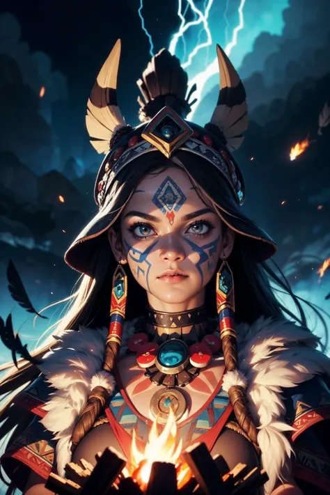 a woman with a face paint and a feathered headdress stands in front of a fire